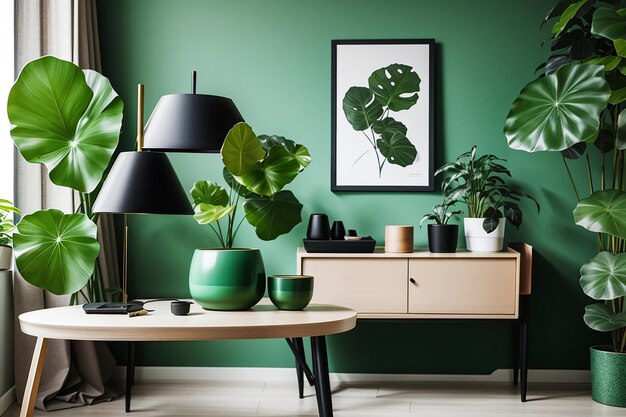 Photo stylish modern interior empty picture frame with black lamp and green chinese money plant retro pancake plant on green table scandinavian design