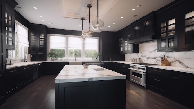 Stylish modern kitchen in a large spacious house white and black furniture white marble top