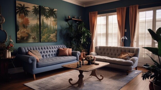 stylish modern living room interior design with dark blue wall and a carpet on the wooden floor generative ai aig27