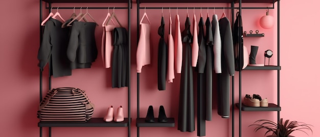 Photo stylish modern wardrobe featuring pink and black clothes and accessories