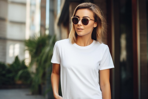 Stylish modern woman wearing white mockup tshirt