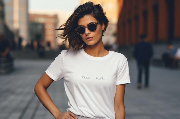 Stylish modern woman wearing white mockup tshirt