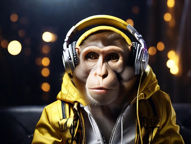 Stylish monkey in headphones listening to rap city lights in the background