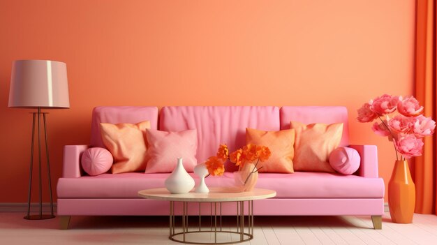 Photo stylish monochrome interior of modern living room in pastel orange and pink tones trendy couch with cushions floor lamp coffee table flowers in a vase creative home design mockup 3d rendering