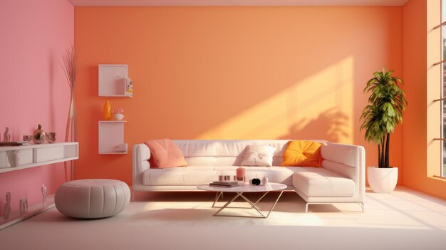 사진 패스텔 오렌지 분홍색 및 베이지 색조의 트렌디한 현대적인 거실의 세련된 단색 인테리어