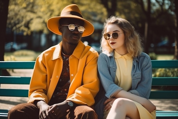 Стильная мультикультурная пара в солнечных очках сидит на скамейке в парке