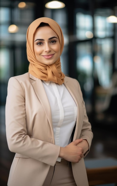 Foto un'elegante donna d'affari musulmana sorridente