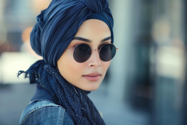 Photo stylish muslim malay woman poses in city fashion portrait