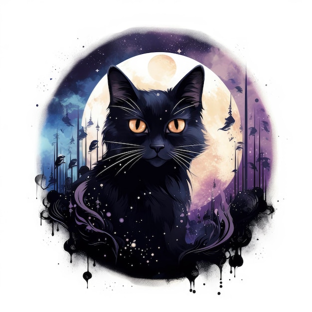 a stylish and mysterious black cat design with moon