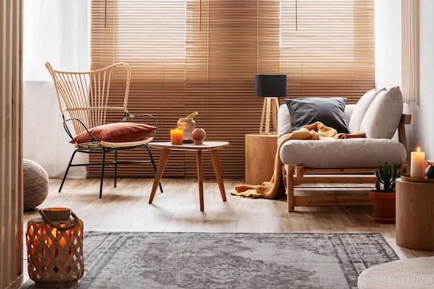 Stylish natural living room with raw wooden furniture and orange accents