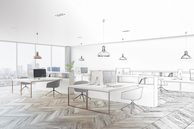 Stylish office interior half sketch Designer interiors and blueprint concept 3D Rendering