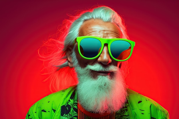 Stylish old man in sunglasses with neon lights
