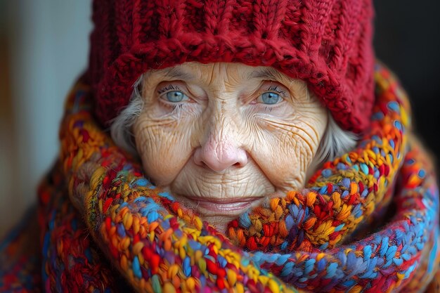 Stylish Older Woman in Red Hat and Scarf