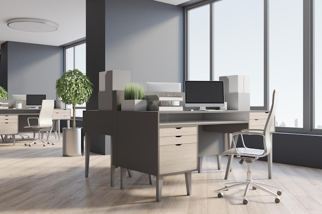 Stylish open space office with modern furnished workplaces\
wooden floor dark walls and city skyscrapers from big window