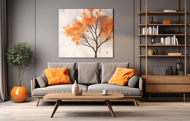 Stylish orange colour living room with green houseplants sofas bookstand and wooden desk