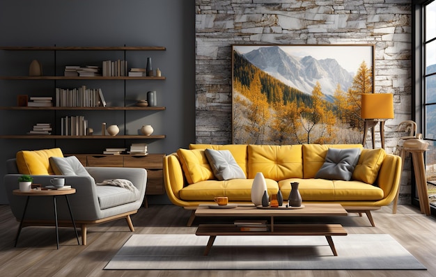 Stylish orange colour living room with green houseplants sofas bookstand and wooden desk