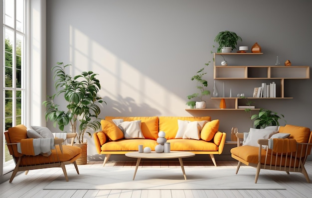 Stylish orange colour living room with green houseplants sofas bookstand and wooden desk