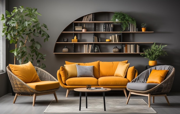 Stylish orange colour living room with green houseplants sofas bookstand and wooden desk