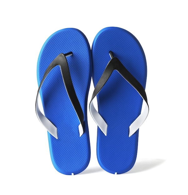 Stylish pair of flip flops on white background Beach accessory