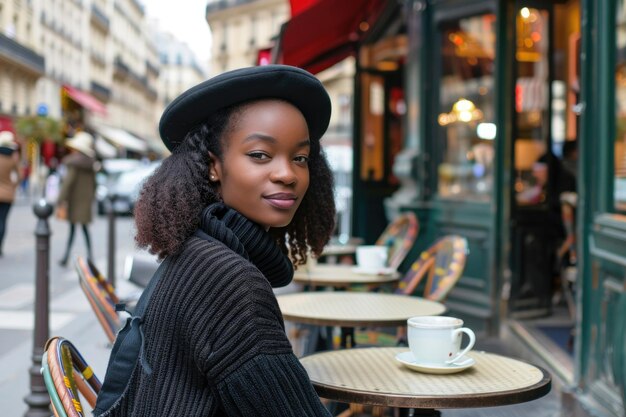 A stylish Parisian woman sits at a table outside a cafe enjoying a cup of coffee and peoplewatching