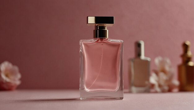 사진 은 분홍색 배경에 유리 병에 독특한 향기를 가진 세련된 향수