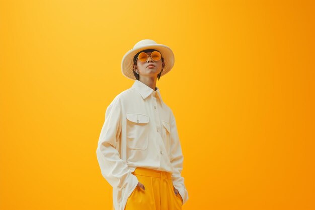 Stylish person in yellow outfit and white hat against a matching yellow background exuding confidence and fashionforward thinking