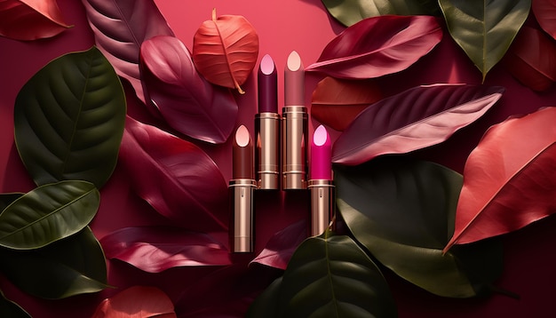 Stylish photo of lipstick on a background of leaves and flowers