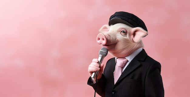 ピンクの背景に隔離されたマイクで歌うスタイリッシュな豚