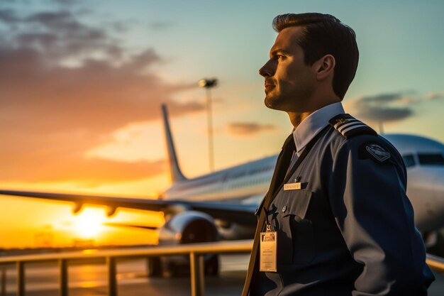 Stylish pilot in sunglasses holding travel bag with airplane on the background Profession concept