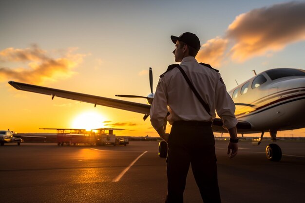 Photo stylish pilot in sunglasses holding travel bag with airplane on the background profession concept