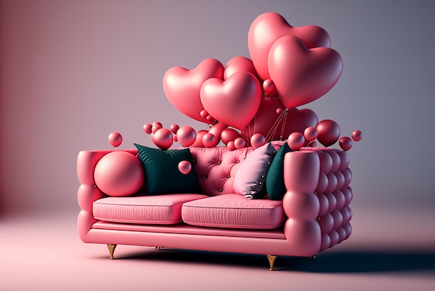 Stylish pink sofa with heart shaped balloons in a bright minimalist interior Living room interior details romantic interior design AI generated image