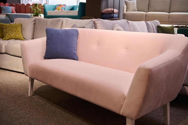 Stylish pink sofa with purple cushion in the showroom of\
upholstered furniture furniture store with sofas and couches on\
display for sale copy space furniture store showroom interior