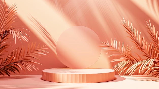 stylish podium for products and advertising in peach color with rays of sun and palm leaves