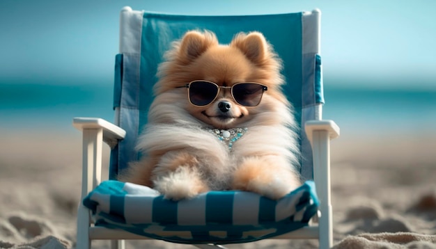 Stylish pomeranian dog lounging in a beach chair wearing sunglasses