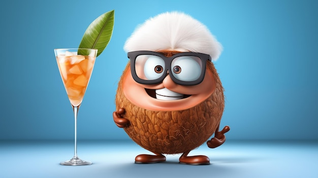 Stylish portrait of an anthropomorphic coconut wearing glasses with copy space cartoon coconut