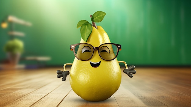 Stylish portrait of an anthropomorphic pear in sunglasses with copy space