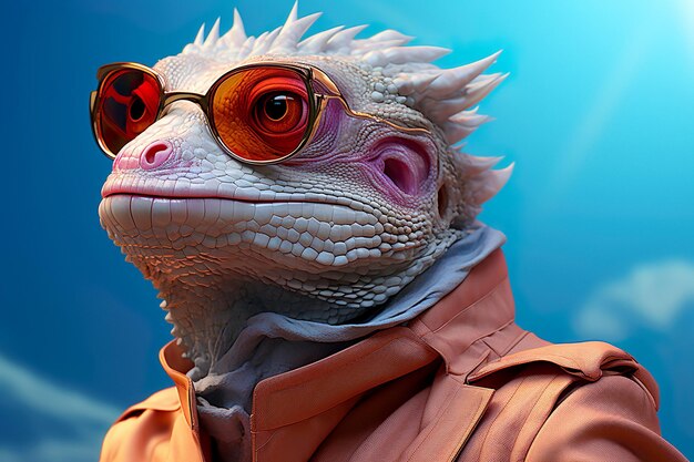 Stylish portrait of dressed up chameleon wearing sunglasses and suit Generative AI