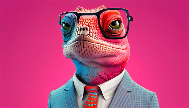 Stylish portrait of dressed up imposing anthropomorphic chameleon wearing glasses