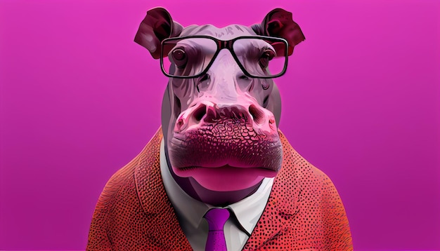 Stylish portrait of dressed up imposing anthropomorphic hippopotamus wearing glasses
