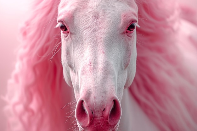 Stylish portrait of horse against a vibrant pink background Close up