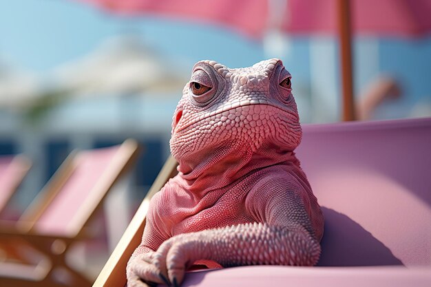 Photo stylish portrait of pink chameleon on a beach longue summer vacation concept generative ai