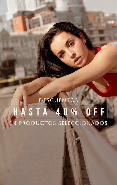 Stylish portrait of woman with sales text in spanish for clothing clearance