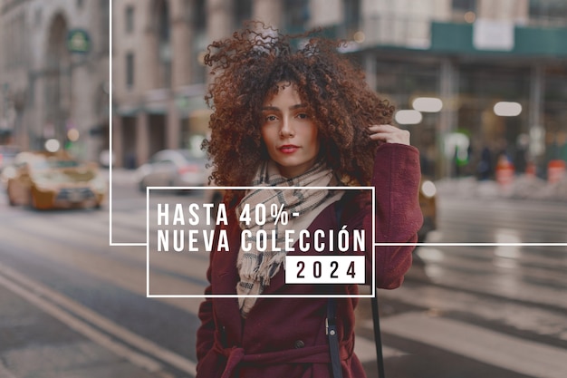 Stylish portrait of woman with sales text in spanish for clothing clearance