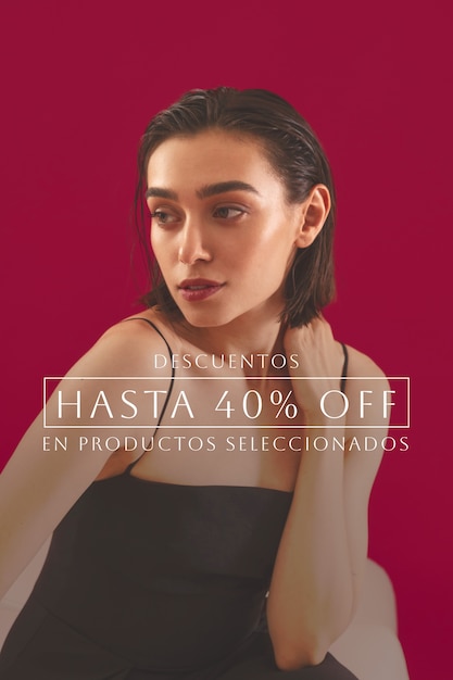 Stylish portrait of woman with sales text in spanish for clothing clearance