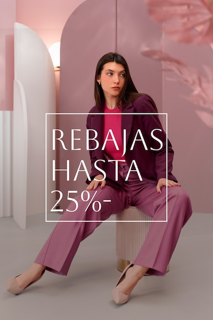 Photo stylish portrait of woman with sales text in spanish for clothing clearance