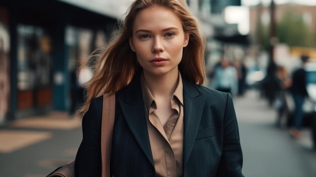 Stylish pretty businesswoman in walking down the street