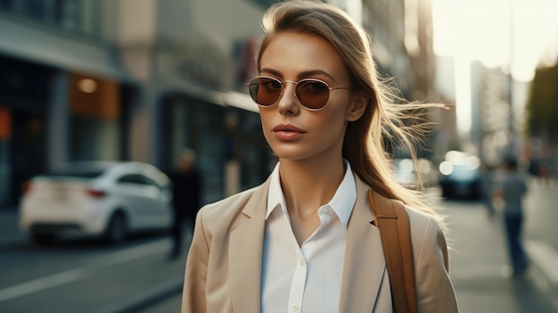 Stylish pretty businesswoman in walking down the street