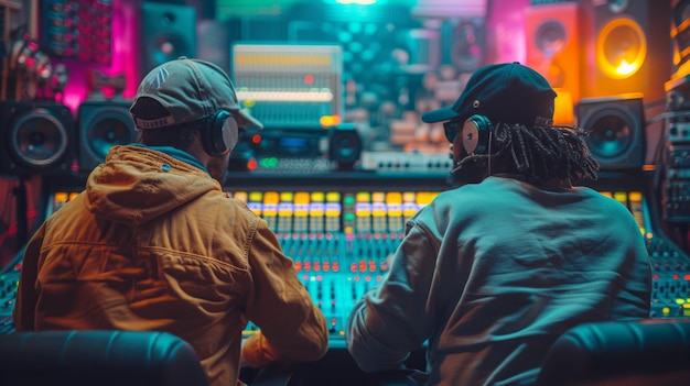 Photo stylish producer and engineer working in modern studio