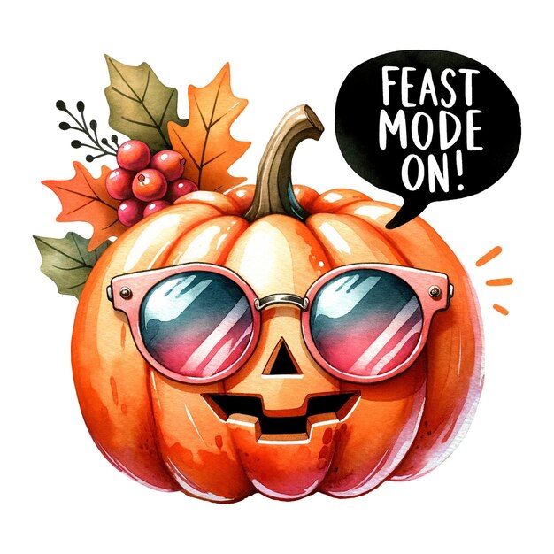 Stylish pumpkin adorned with sunglasses and autumn leaves exclaims Feast Mode ON