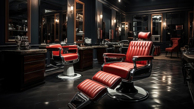 Stylish red barber chair in barbershop